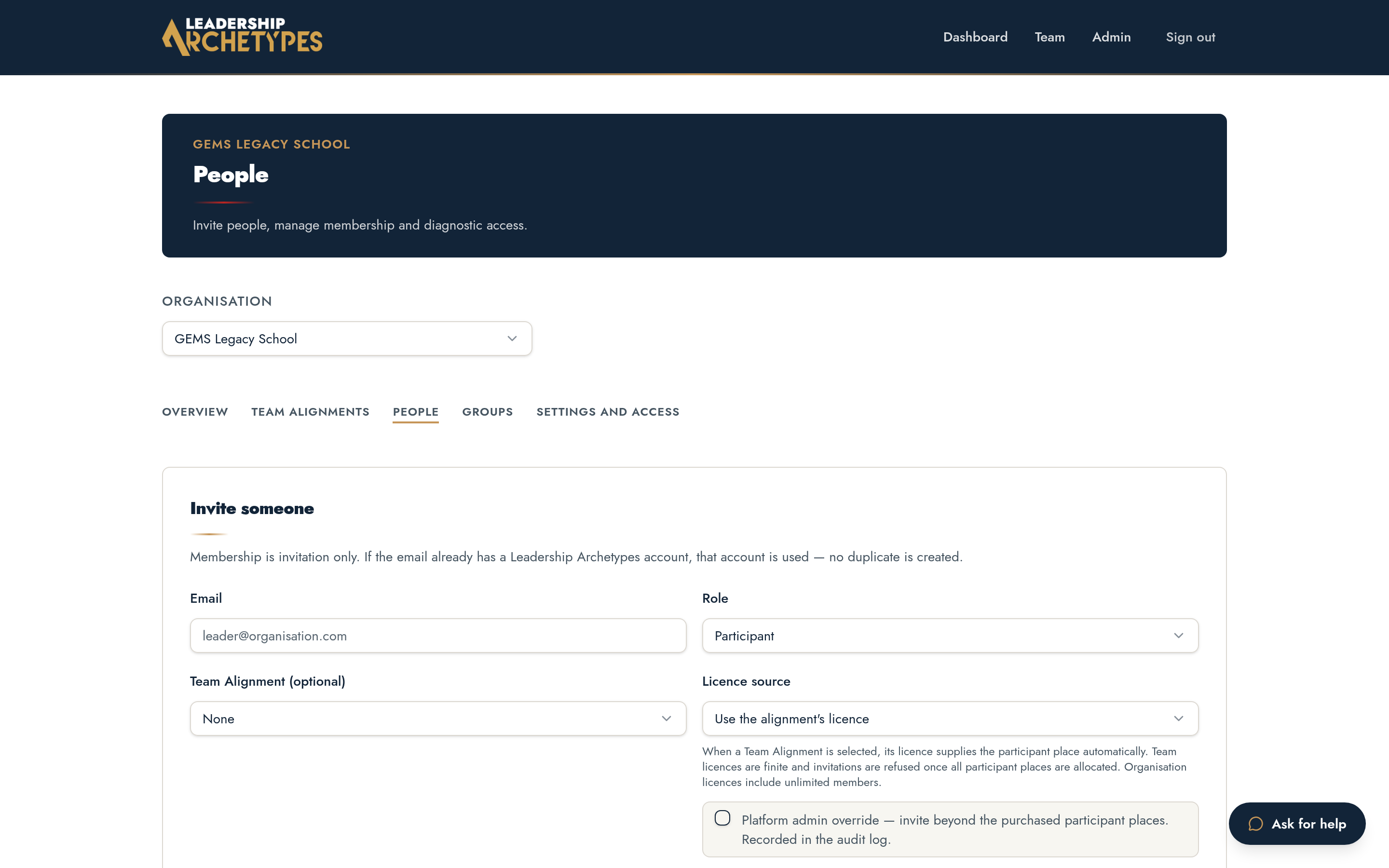 Team people page listing members and their invitation status