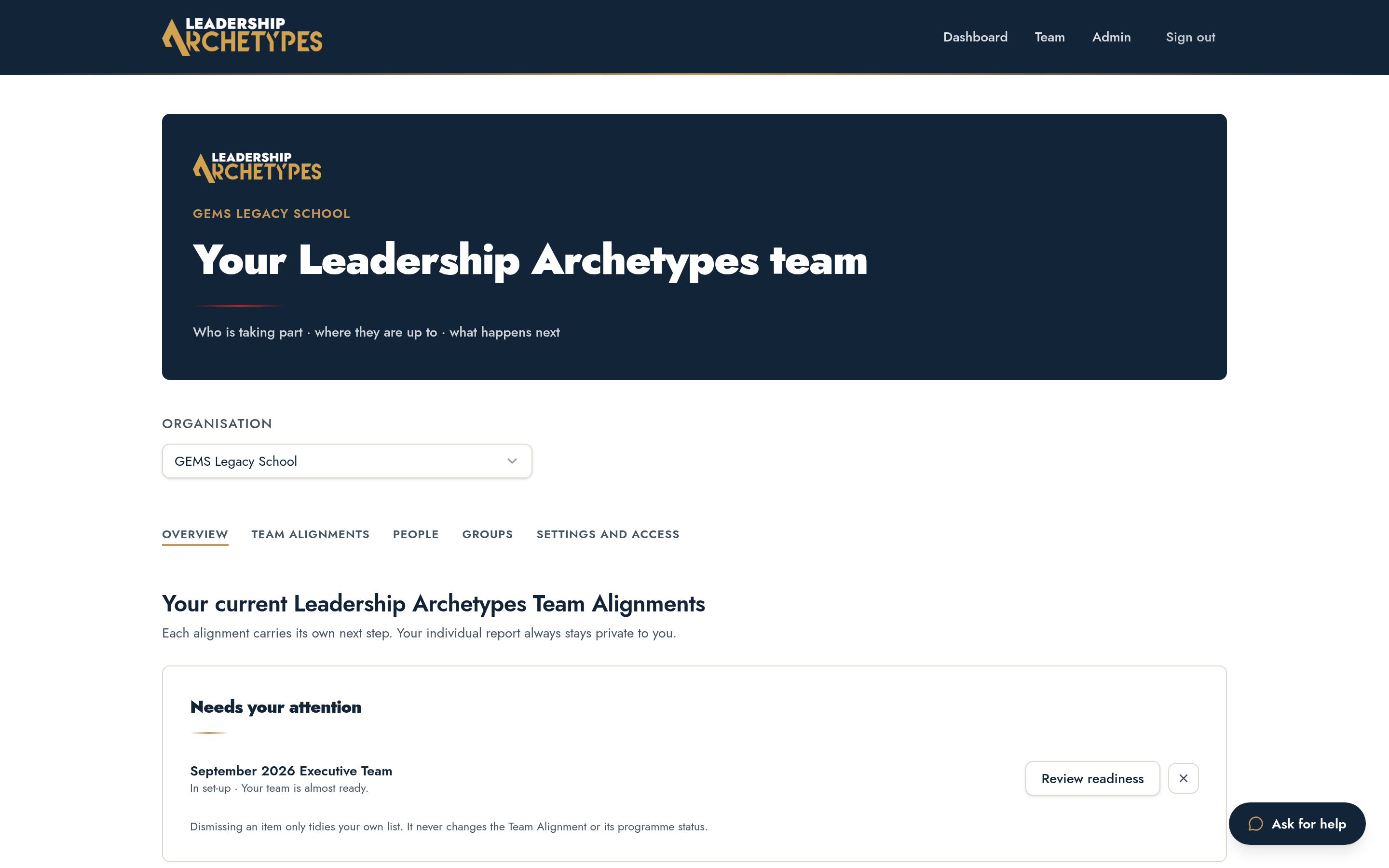 Team overview page showing alignment progress and the next step panel